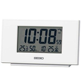 Seiko Clock SQ790W Table Clock, White Pearl, Body Size: 3.1 x 5.3 x 1.5 inches (7.8 x 13.5 x 3.8 cm), Alarm Clock, Radio Waves, Digital Calendar, Temperature, Humidity, Display