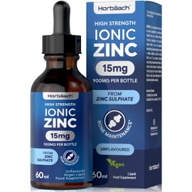 Ionic Zinc Liquid | High Strength 15mg Zinc Supplement from Zinc Sulphate | 900mg Per Bottle - 60ml Liquid Drops | Suitable for Vegetarians & Vegans | by Horbaach