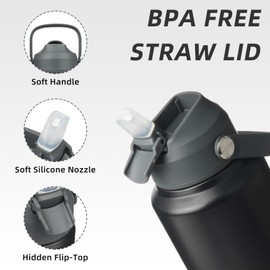 BJPKPK Water Bottle with Straw Lid, 32oz Vacuum Insulated Water Bottles, Metal Stainless Steel Water Bottles for Sports, Travel, BPA Free Leak Proof Thermos, Cups, Flasks, Tumblers,Black