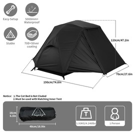 TENPLAY 1-Person Cot Tent Flysheet,Must be used with Matching Inner Tent, Lightweight, Waterproof 3000mm+,Sun Protection, Nylon, Easy Setup, Expandable Rainfly for Camping, Hiking, Backpacking,Picnics