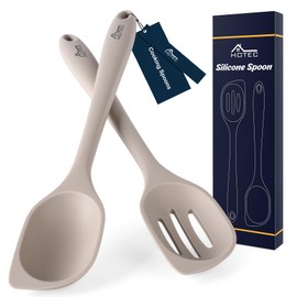 HOTEC Heat Resistant Silicone Cooking Spoon Spatula, Large Kitchen Solid and Slotted Spoons for Mixing, Serving, Scraping, Non-stick, Dishwasher Safe Khaki 12.5inch