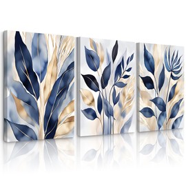 Blue Botanical Wall Art Abstract Leaf Canvas Prints Decor Modern Plant Wall Art Minimalist Hallway Botanical Painting Blue Gold Leaves Pictures for Living Room Bedroom 12x16x3 Inch Wrapped Canvas