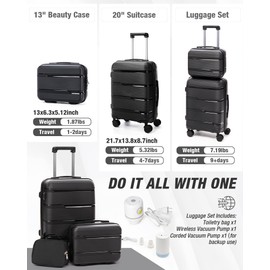 Vacuum Seal Carry On Luggage Set 20 inch Suitcase with Vacuum Compression, Airline Approved Travel Luggage with Spinner Wheels, TSA Lock, Beauty Case, Toiletry Bag, Air Pump