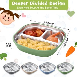 Geiserailie 4 Packs Stainless Steel Kids Plates with Silicone Sleeve Divided Suction Plates for Kids Toddler Divided Tray for Children Dishwasher Safe Feeding Supplies (Blue,Green,Beige,Gray)