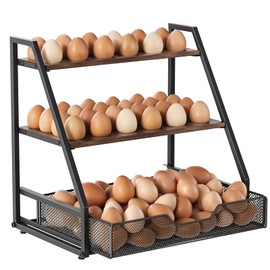 Wolera 3-Tier Wooden Fresh Egg Holder Countertop With Basket for 36+90 Eggs, Wooden Egg Holder Countertop with Carry Handle for Gathering 100+ Eggs, Duck, and Quail Eggs