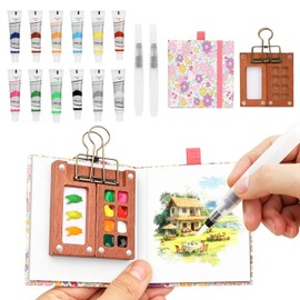 Portable Watercolor Painting Set, Mini Watercolour Kit with Durable 8 Grids Walnut Palette, 12 Vibrant Colors, 2 Water Brushes, Metal Clip & Sketchbook, Perfect for Outdoor Art, Journey Painting