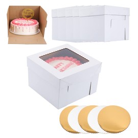 Huoshange Huoshange Cake Boxes with Window 12x12x8 Inch [5Pack] Sturdy Tall Cake Box for Tier Cakes,White Cake Carrier, Disposable Cake Containers-5 Boxes-5 White/Gold Thick Cake Boards