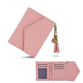 FuninCrea Women's Small Purse 6 Card Slots Purse Women's Small ID Window Women's Purse Leather Wallet with Tassel and Heart-Shaped Pendant, pink, Contemporary