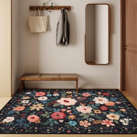 DUKINO 2x3 Rugs for Entryway, Floral Indoor Washable Door Mat, Non Slip Boho Small Rug for Kitchen, Soft Low Pile Throw Rug, Front Door Rug for Entrance, Bedroom, Kitchen, Laundry, Bathroom, Black