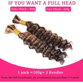Human Braiding Hair for Boho Braids #430 Highlight Water Wave Bulk Human Hair for Braiding 16 Inch 2 Bundle 100G Wet and Wavy Curly Ombre Bohemian Hair Extensions No Weft Bundles