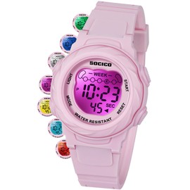 SOCICO Kids Digital Watches for Girls Boys, 7 Color Lights, 5 ATM Waterproof Watches for Child with Alarm Stopwatch, Soft Band Wrist Watch Christmas Gifts for Kids Ages 5-12 (Pink)