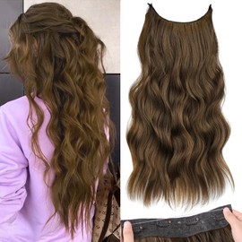 KooKaStyle Invisible Wire Hair Extensions with Transparent Headband Adjustable Size 4 Secure Clips Long Wavy Secret Wire Hairpiece 24 Inch for Women (24 Inch, Chestnut Brown)