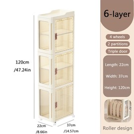 6-Tier Tall Narrow Storage Cabinet, Bathroom Cabinet with Transparent Doors and Movable Wheels, Plastic Foldable Storage Cabinets for Small Space, Bathroom, Kitchen, Laundry (Cream Yellow+Transparent)