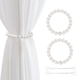 AULEEP Magnetic Curtain TieBacks, 2 Pack Pearl Curtain Tie Backs, Modern Decorative Curtain Holdbacks Holder with Elastic Cord Drapes Clips Buckle for Thin or Thick Curtains((White)
