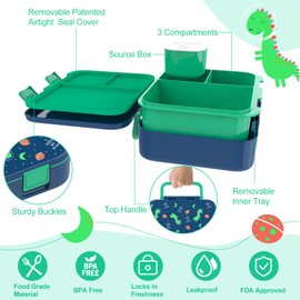 hombrima Kids Lunch Box, Bento Boxes Food Storage Container with Multi-Compartments for Boys Girls Children Adult Work School (DarkGreen-Dinosaur)