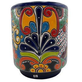 Talavera Cylinder Planter Large Flower Pot Cute Mexican Pottery Home Decor Indoor Outdoor Hand Painted Folk Art Multicolor Handmade 14.25" (Multi 2)