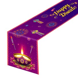 1 Pcs Happy Diwali Table Runner, Diwali Party Table Runner, Indian Rangoli Designs for Dining table and Party Supplies, Indoor Outdoor Home Indian Deepawali Festival of Lights Supplies