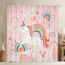 Homemissing Cute Unicorn Curtains (2 Panels,W46*L54) For Kids Girls Teens Rainbow Window Curtains Rainbow Unicorn Decor 30%-50% Blackout Curtains Cartoon Animal Pink Window Treatments