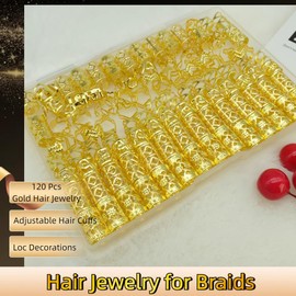 BSARECEY 120Pcs Gold Hair Jewelry for Women Braids, Braid Hair Clips Adjustable Hair Rings Dreadlock Hair Cuffs Loc Decorations Hair Charms