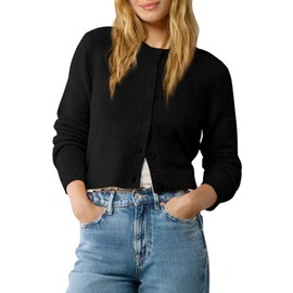 Urban CoCo Women's Crew Neck Cropped Cardigan Sweaters Long Sleeve Open Front Button Down Shrug Sweater Jackets (Black,M)