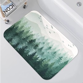 Accnicc Green Misty Forest Bathroom Rugs Mat Nature Tree Mountain Bath Rug Water Absorbent Non Slip Shower Mat Memory Foam Bath Mats for Bathroom Decor (24'' × 20'')