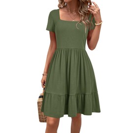 Newshows Womens 2025 Summer Dress Short Sleeve Square Neck Dresses Casual Beach Vacation A-Line Ruffle Sundress with Pockets(Army Green,S)