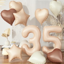 Large 35 Balloons Nude, Foil Brown Cream Apricot Beige Tan Number 35 Balloons Decor, Helium Sand White Taupe Neutral Heart Star Balloons for Women 35th Birthday Wedding Anniversary Party Decoration