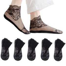 APMNIX 5 Pairs Set, Women's Ankle Socks, Summer Socks, Stocking Socks, Foot Cover, Lace, Socks, Lace, Socks, Women's Socks, Cotton, Black, White, Transparent, Summer Antibacterial, 5 Pairs Set-23