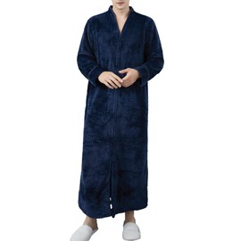 Locachy Men's Flannel Zip Bathrobes Soft Warm Long Fleece Plush Robe Housecoats Nightgown Sleepwear Navy S