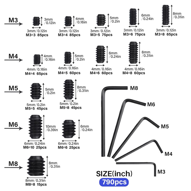 1305PCS Metric + SAE Set Screw Assortment Kit, Internal Hex