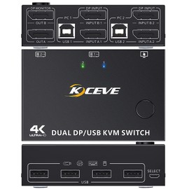 Displayport KVM Switch 2 Monitors 2 Computers, for 2 Computers Share 1 Monitor and 4 USB 2.0 Port, Supports Copy and Extend Modes, Keyboard Mouse Printer UHD 8K@60Hz 4K@120Hz, with Desktop Controller