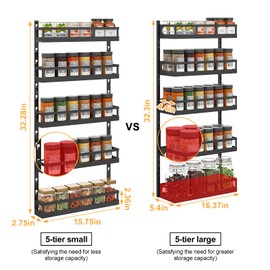 X-cosrack 5-Tier Small Wall-Mounted Spice Rack Organizer, Height-Adjustable, Space-Saving Compact Design for Kitchen Pantry Cabinet, Black