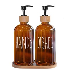 Soap Pump Dispenser Set, Refillable Dispensers for Shampoo, Soap with Bamboo Pumps and Tray, Liquid Soap Dispenser Suitable for Kitchen Countertop & Bathroom, Amber Coloured 16 OZ (2 Packs)