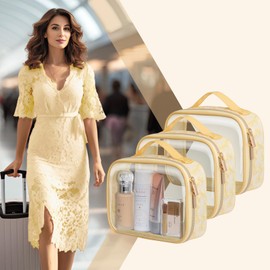 PACKISM TSA Approved Toiletry Bag - Floral Texture Lace clear Makeup Bags, Ease of Clamshell Closing, Handles and Double Zippers, 0.5 mm Thicker TSA Toiletry Bag, Multicolor