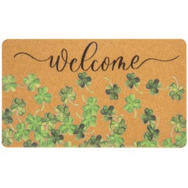 Bawnhaw Lucky Clover Welcome Door Mat Outside Entrance, Faux-Coir Green Shamrock Thin Doormat, St. Patricks Day Decoration Outdoor Porch-Rug 17"X30" Non-Slip Dirt-Trapping for Home Garden Farm Spring Decor