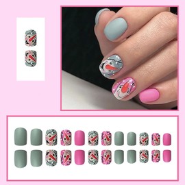 24 Pcs Christmas Press on Nails Square RIICFDD Medium Fake Nails Matte Full Cover Glue on Nails with Cute Snowman Pattern Stick on Nails Grey and Pink False Nails for Women Christmas Nails