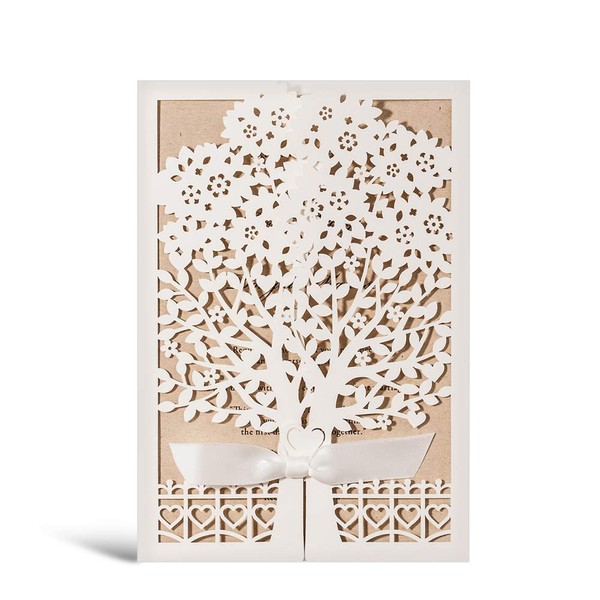 WISHMADE Rustic Laser Cut Wedding Invitations Ivory Invitation Cards with Kraft Insert for Engagement Baby Shower Birthday Quinceanera (50 Pieces)