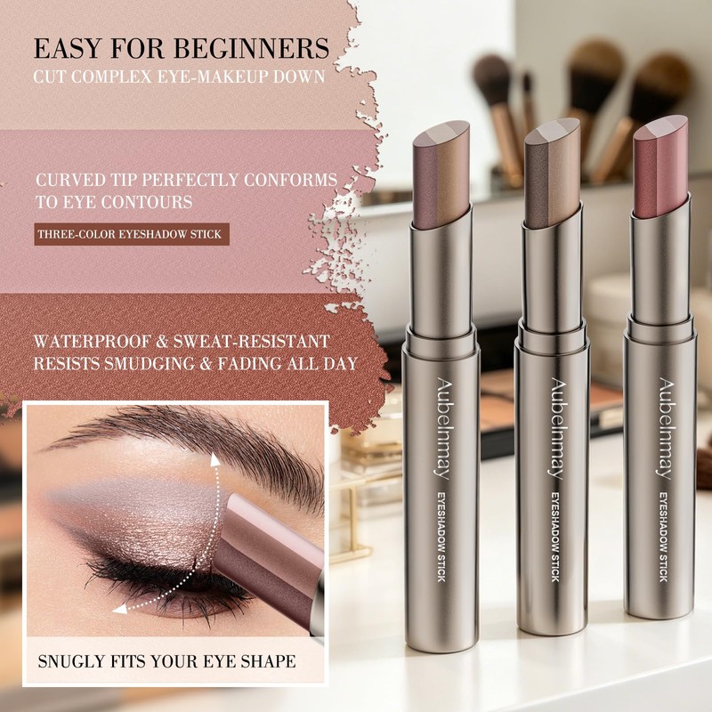 3-Color Gradient Eyeshadow Stick, Waterproof Cream-to-Powder Eye Shadow, Long-Lasting Blendable
