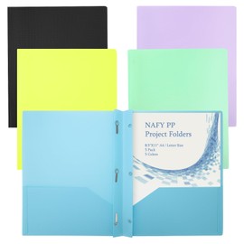 NAFY 3 Prong Plastic folders Project Folders with 2 Pockets,Plastic File Folders 5 Packs 5 Colors with 3 Fasteners A4 Letter Size Project Organizer for Office School Waterproof Folder (A)