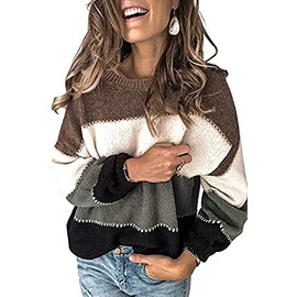 Necooer Colorblocked Sweaters for Women Long Sleeve Knit Sweater Warm Crew Neck Sweaters