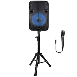 QFX PBX-1206SM PBX-1206SM 12-in. 21-Watt True Wireless Stereo Bluetooth Rechargeable Speaker with Wired Microphone and Stand