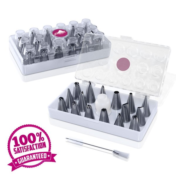 Professional 18-Piece Cake Decorating Tip Set by Frosted Finish­ - Includes 16 Most Popular Stainless Steel Tips, Reusable Coupler, Cleaning Brush & Storage Case - Also for Icing Cupcakes & Pastries