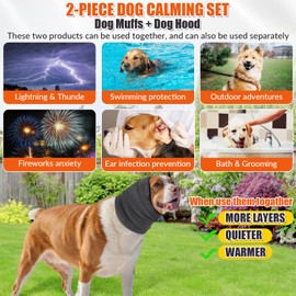 SlowTon 2 Packs Dog Calming Ear Muff and Hood Set - Upgrade Ultra Quiet Adjustable Dog Ear Cover for Noise Protection Anxiety Relief, Breathable Calming Head Wrap for Noise Cancelling