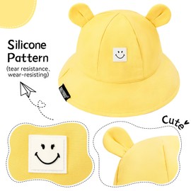Zando SmileyWorld Baby Sun Hat UPF 50+ Toddler Bucket Hats with Bear Ear 12-18 Months Wide Brim Toddler Beach Hat for Boys Girls Newborn Yellow