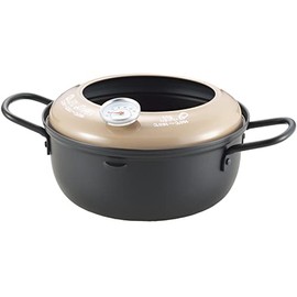 Yoshikawa YJ3371 Tempura Pot with Thermometer, 7.1 inches (18 cm), 1.58L, Iron, Oil Splash Guard, IH and Gas Stove Compatible, Greige, Made in Japan, Tsubame Sanjo