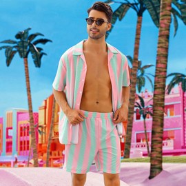 color cosplayer Mens Costumes Adults Cosplay Hawaiian Shirt Mens Shorts Beach Striped shirts Sets Vacation Outfits