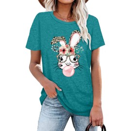 Womens Easter Shirts Bubble Gum Bunny T-Shirt Leopard Glasses Rabbit Print Tee Easter Gift Top Shirts