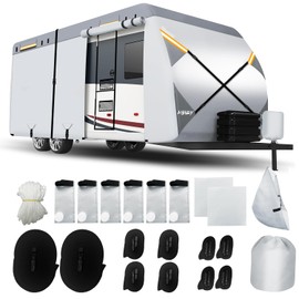 AIBILEY RV Cover 24-27FT Travel Trailer and Camper Covers,Durable Tearproof Oxford Polyester Fabric for Waterproof,Cold and UV Resistant,Air Vent,Side Zipper,Reflective Strip,Windproof Buckles