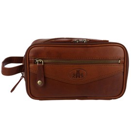 Rowallan of Scotland Mens Compact Leather WashBag Toiletries - Cognac