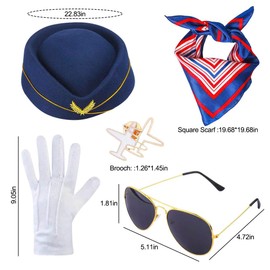 YANGSHINE Women's Flight Attendant Costume Accessories Stewardess Cosplay Outfits with Air Hostess Hat Sunglasses Scarf Gloves Pins (Navy)
